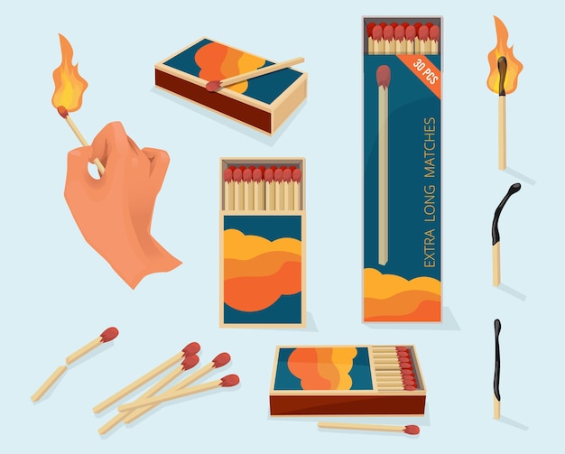 Vecteur paquets de sécurité pour illustration de symboles de flamme de bâton en bois allumette en style cartoon.