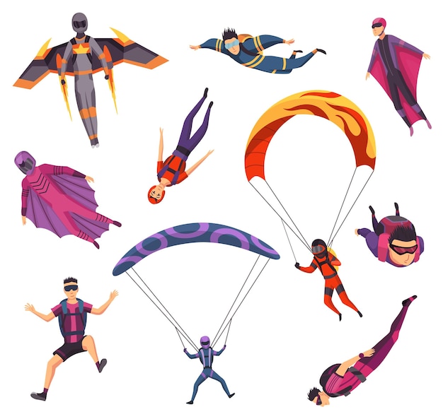 Vecteur parachutisme sport extrême groupe de personnages de parapente et de saut en parachute sur blanc passe-temps actifs sportif saute parachutiste mâle volant avec équipement de sport