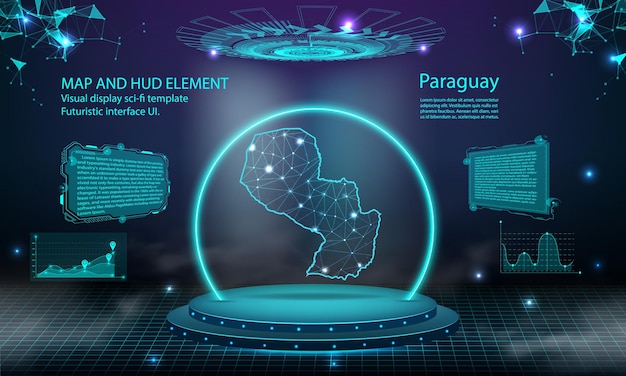 Paraguay carte lumière connexion effet fond abstrait technologie numérique UI GUI futuriste HUD Interface virtuelle avec carte paraguay Stade futuriste podium dans le brouillard