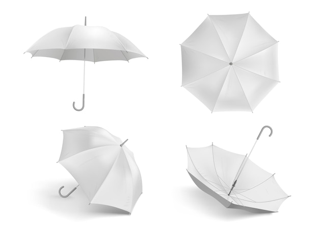 Parapluie Blanc Réaliste. Parasol En Tissu Ouvert Blanc, Ensemble De Modèles De Parapluies Imperméables à L'eau Extérieure.