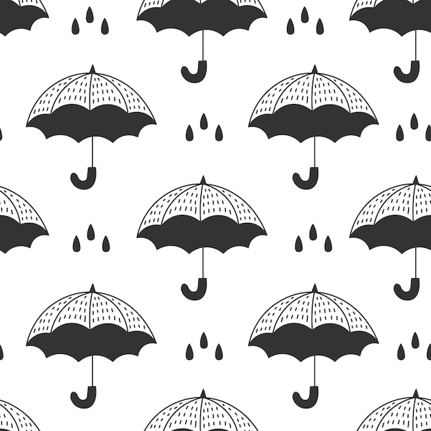 Parapluie gouttes de pluie Doodle modèle sans couture illustration vectorielle de répétition météorologique