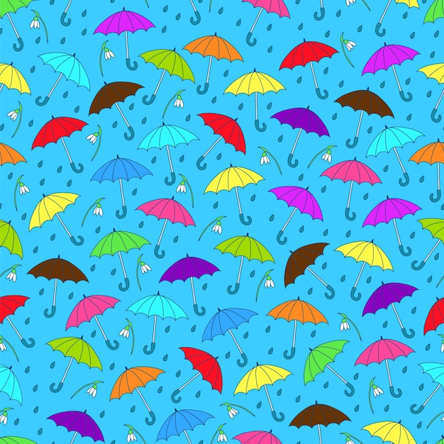 Parapluies Colorés Et Perce-neige Sur Fond Bleu. Modèle Sans Couture.