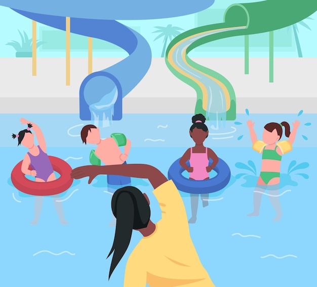 Vecteur parc aquatique amusant couleur plate. gymnastique pour enfants. animation au parc aquatique. exercice et sport. personnages de dessins animés 2d pour enfants de la maternelle avec parc d'attractions