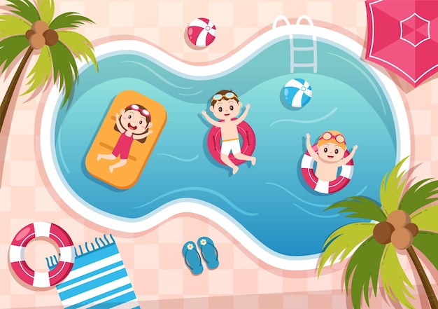 Parc aquatique avec piscine et les enfants nagent pour les loisirs en illustration de dessin animé plat