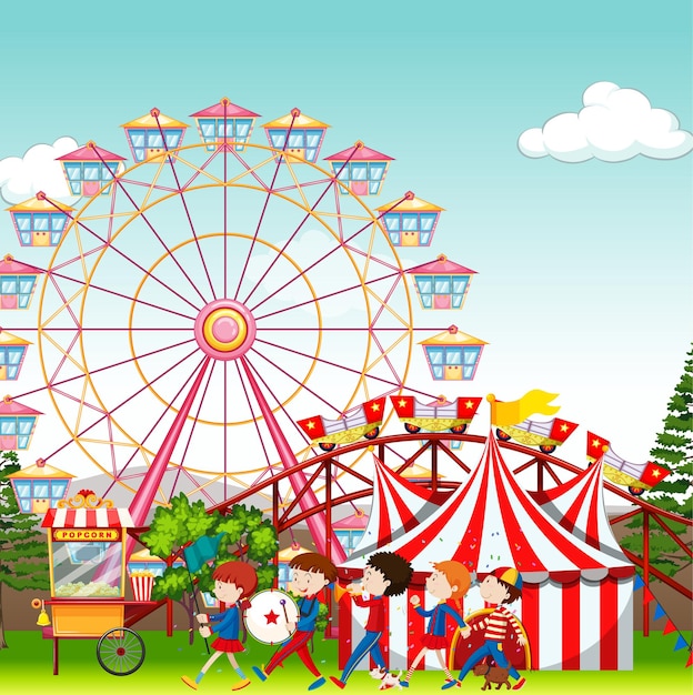 Parc d'attractions avec cirque et grande roue