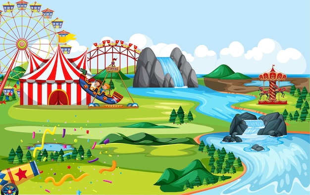 Parc D'attractions Avec Cirque Et Nombreux Manèges Scène De Paysage