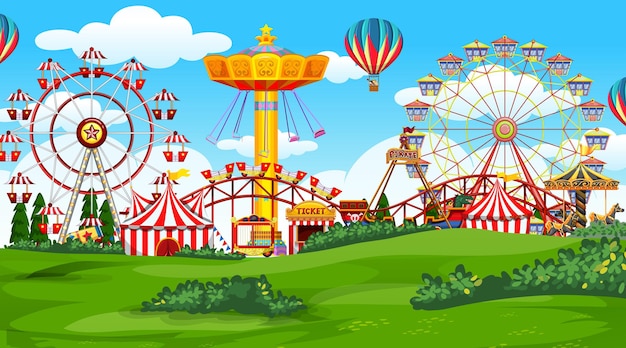 Parc d'attractions de fête foraine dans un paysage naturel