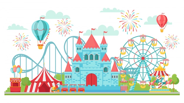 Vecteur parc d'attractions. roller coaster, festival carrousel et grande roue attractions illustration isolée