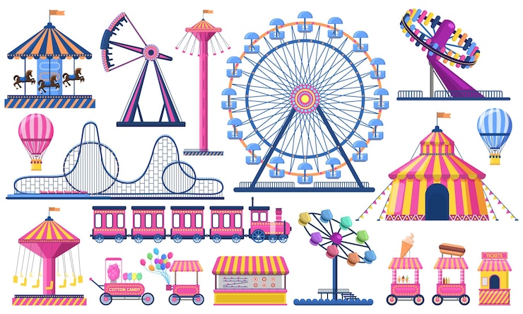 Vecteur parc d'attractions. tente de festival de cirque, montagnes russes, train, grande roue et carrousel de carnaval.