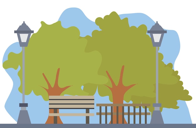 Vecteur parc d'été de la ville avec banc d'arbres verts, passerelle et lanterne. vecteur de paysage de parc de ville et de ville