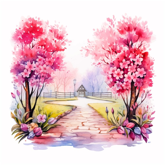 Parc avec fleurs et arbres aquarelle