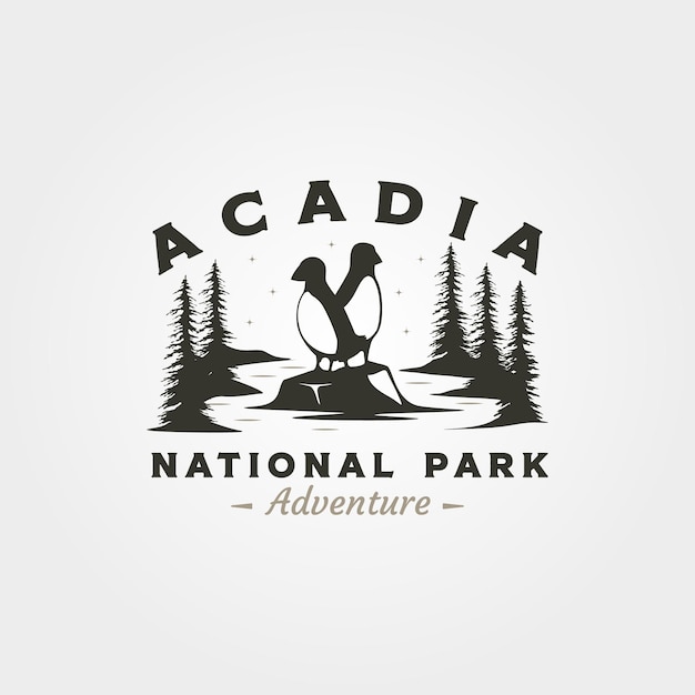 Vecteur parc national de l'acadie logo vintage symbole vectoriel design d'illustration puffin sur le symbole en pierre