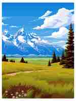 Vecteur parc national de grand teton affiche de voyage vintage souvenir carte postale peinture de portrait illustration de la wpa