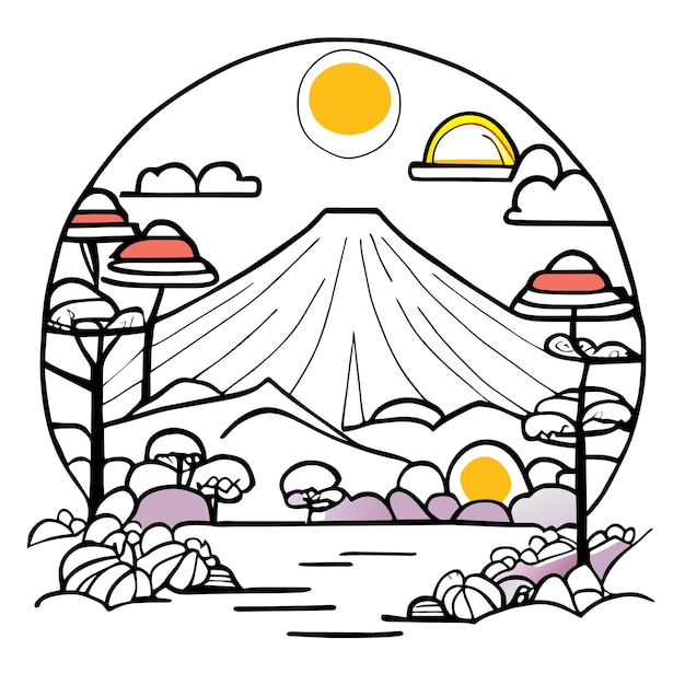 Vecteur parc naturel de jardin japonais arrière-plan de montagne enfants brillants dessinant dans un style minimaliste