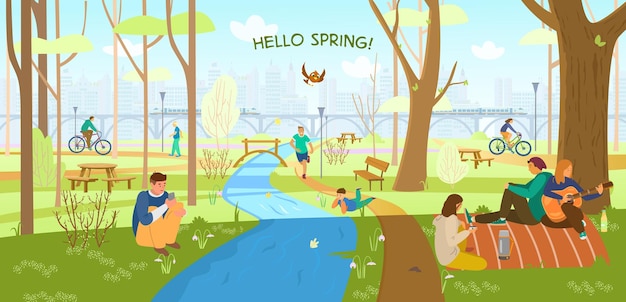 Parc printanier avec des gens se détendre et faire du sport