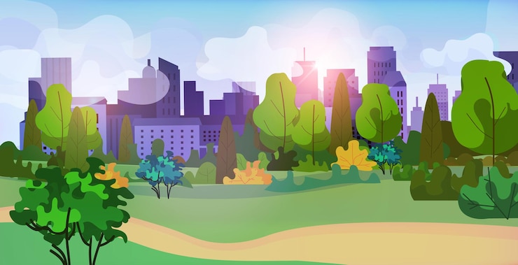 Vecteur parc urbain à l'extérieur des bâtiments de la ville cityscape background illustration vectorielle horizontale