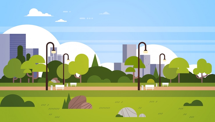 Vecteur parc urbain à l'extérieur des bâtiments de la ville réverbères concept de paysage urbain plat horizontal