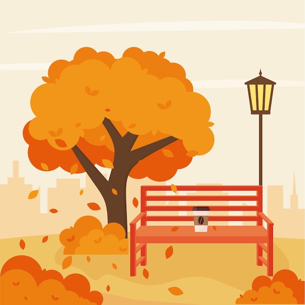 Vecteur parc de la ville d'automne avec banc et réverbère illustration vectorielle d'un style plat