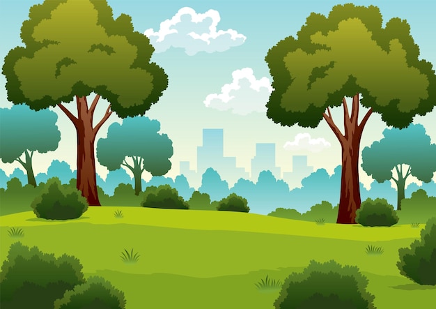 Parc de ville de pique-nique jardin vert avec horizon de bâtiments à plusieurs étages paysage d'été avec vecteur d'arbre