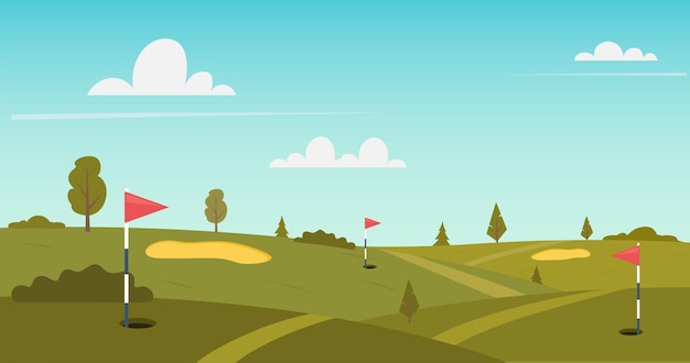 Parcours de golf nature paysage herbe verte poteau drapeau trou pour la balle et les arbres sous le ciel bleu