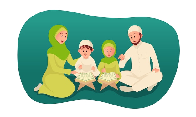 Parent Musulman Enseignant Le Coran Pour Ses Enfants. Illustration De Concept De Ramadan