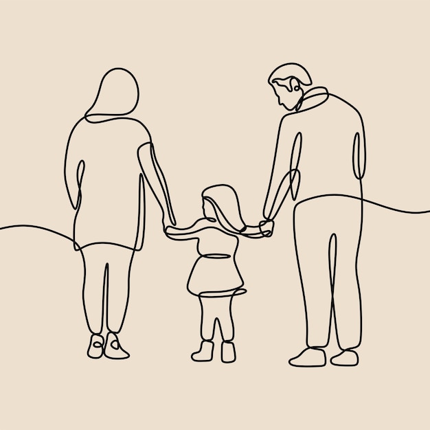 Vecteur parent tenant son fils à la main un trait continu d'une seule ligne