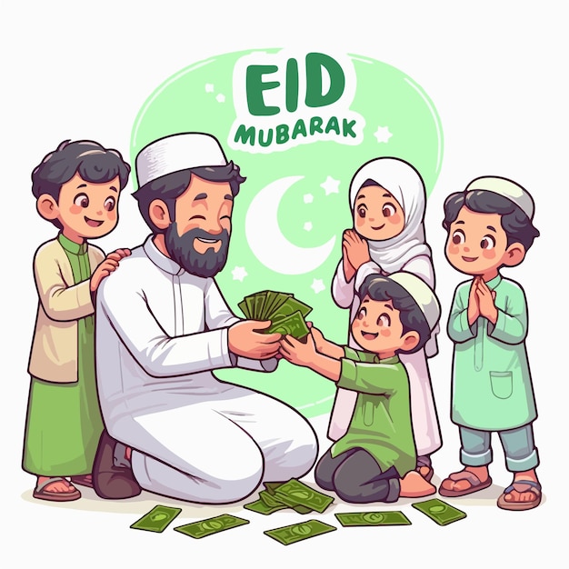 Des parents donnent du salami à leurs enfants et se souhaitent l'Eid Mubarak.