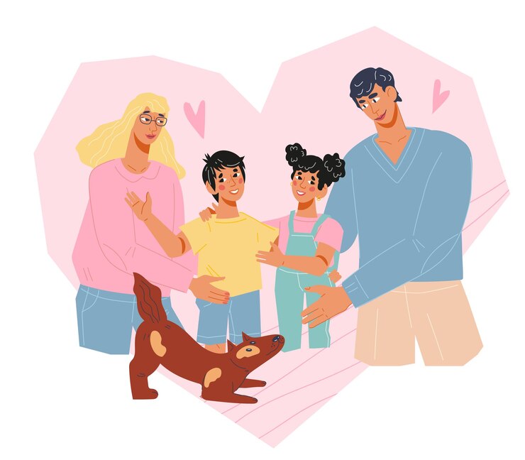 Vecteur parents avec enfants et personnages de chiens pour le concept de vecteur plat de famille heureuse isolé