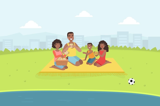 Des parents et leurs enfants se nourrissent et se détendent dans la nature Une famille heureuse fait un pique-nique en plein air Illustration vectorielle
