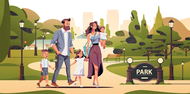 Parents Et Petits Enfants Marchant Ensemble Dans Un Parc Urbain Mère Père Et Enfants Debout Ensemble Parentalité Grand Concept De Famille Illustration Vectorielle Horizontale Pleine Longueur