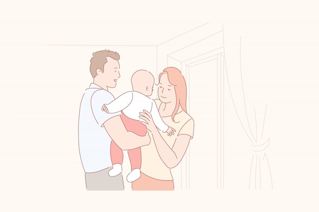 Parents, Tenue, Leur, Bébé, Illustration