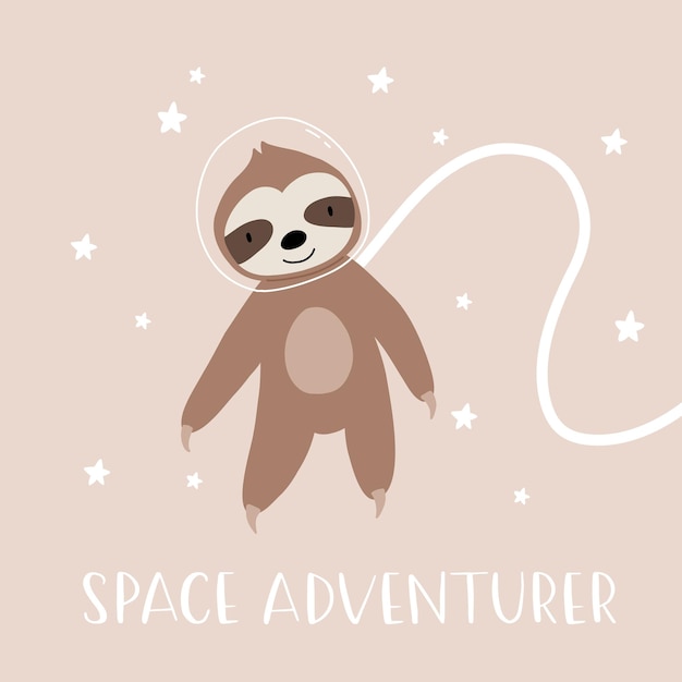 Paresseux D'aventure Spatiale Dessin à La Main D'ours Dessinant Des éléments De Décor De Lettrage Illustration Vectorielle Pastel Pour Les Enfants Conception De Bébé De Style Plat Scandinave Pour Les Cartes Affiches T-shirt Imprimé