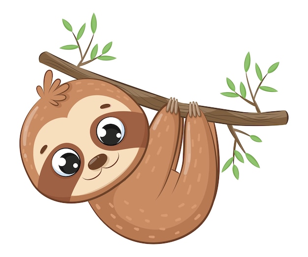 Vecteur paresseux mignon accroché à une branche d'arbre.cartoon
