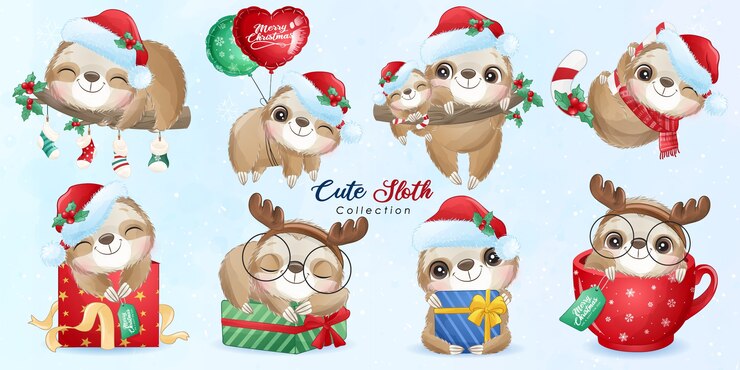 Vecteur paresseux mignon doodle pour le jour de noël avec illustration aquarelle