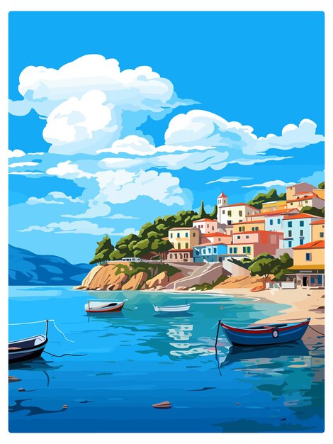 Vecteur parga grèce affiche de voyage vintage souvenir carte postale peinture de portrait illustration wpa