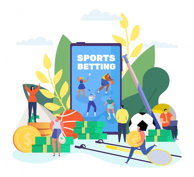 Paris Sportifs En Ligne, Dessin Animé De Minuscules Personnes Parient Une Compétition De Football Sportive à L'aide D'une Application Smartphone