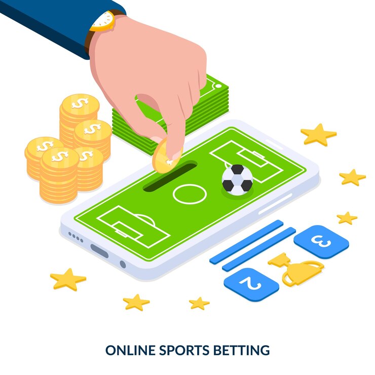 Paris sportifs en ligne. La main humaine met la pièce d'un dollar dans le smartphone. Illustration vectorielle