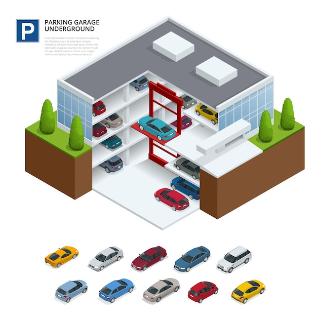 Parking Souterrain. Parking Intérieur. Service De Parking Urbain. Illustration Vectorielle Isométrique 3d Plate Pour Infographie.