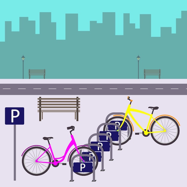 Vecteur parking à vélos dans une rue de la ville deux vélos au parking illustration vectorielle dans un style plat