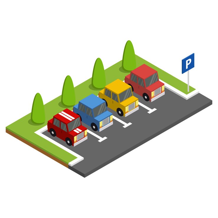 Parking avec voitures garées à côté d'arbres verts. Illustration isométrique.