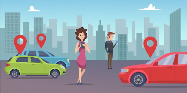 Partage De Voiture. Homme Et Femme à La Recherche D'un Véhicule Avec Application Pour Smartphone. Louer Une Voiture En Ligne