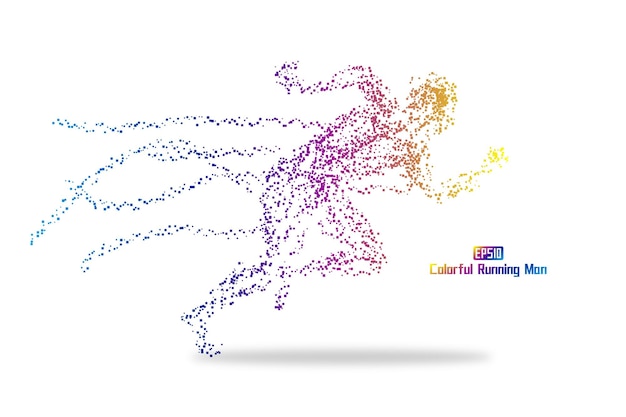 Des particules carrées colorées forment une image vectorielle de l'homme en cours d'exécution