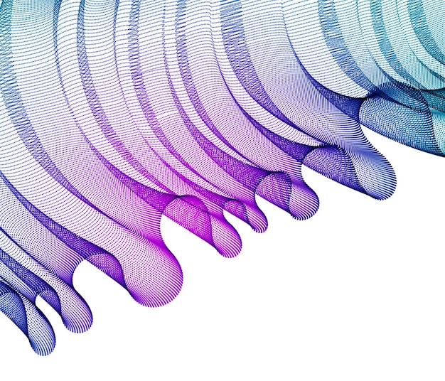Des particules fluides ondulent, un textile en tulle transparent sur le vent, des lignes de courbes de mouvement dynamiques. illustration vectorielle 3D. Belle gamme apaisante en forme de vague de points mélangés.