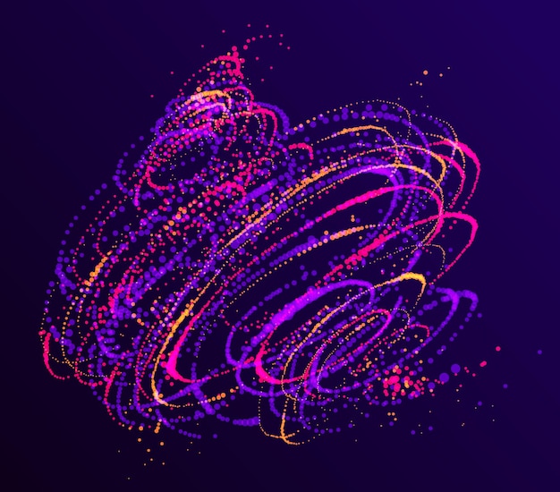 Particules de points qui coule fond abstrait vectoriel vortex, conception de tourbillon de thème science biologie, éléments dynamiques en mouvement de rotation.