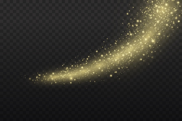 Particules de poussière de magie dorée étincelante sur fond transparent, éclat, lumières brillantes, étincelles de poussière jaune et éclat d'étoile avec lumière spéciale, effet de lumière