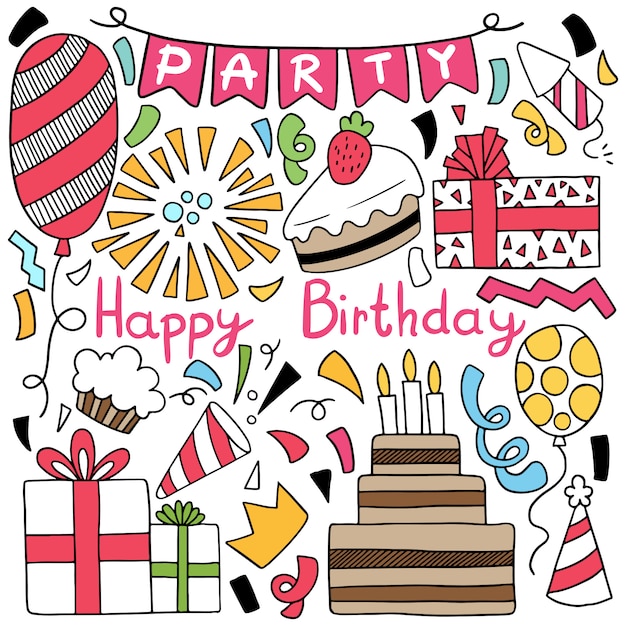 Partie Dessinée à La Main Doodle Joyeux Anniversaire Illustration D'ornements