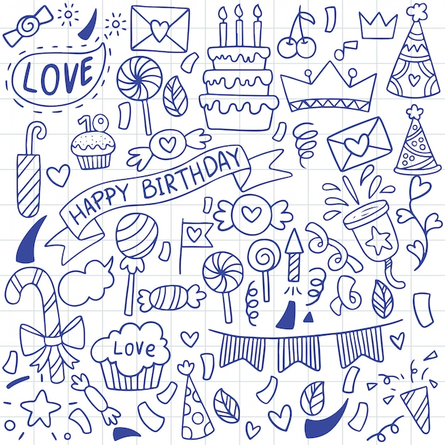 Partie Dessinée à La Main Doodle Joyeux Anniversaire Ornements Motif De Fond