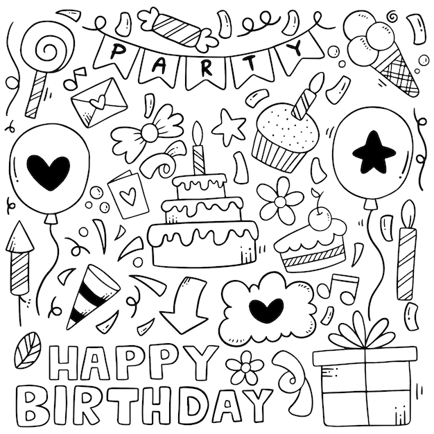 partie dessinée à la main doodle joyeux anniversaire