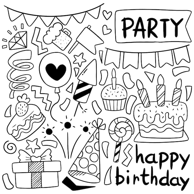 partie dessinée à la main doodle joyeux anniversaire