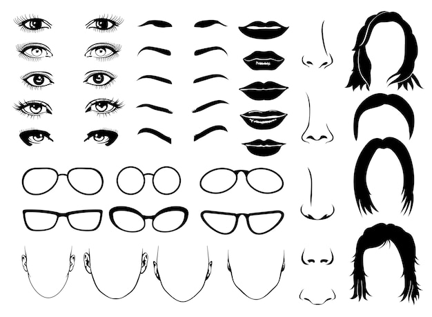 Parties Du Visage De Femme, Oeil, Lunettes, Lèvres Et Cheveux. éléments Féminins Vectoriels Pour Constructeur Portrait Illus